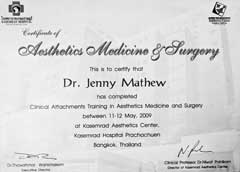Dr Jenny Mathew Certificate Aesthetic Medicine and Surgery Thailand 2009
